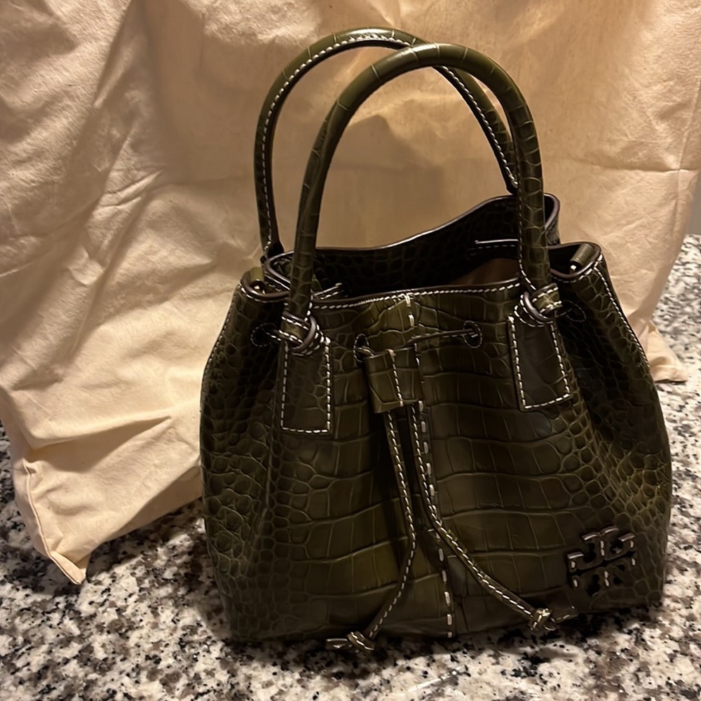 Tory Burch McGraw Embossed Small Drawstring Satchel